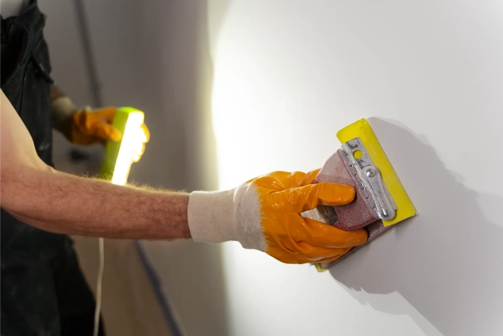 Szlifowanie gładzi na ścianie wewnętrznej przez fachowca w rękawicach z użyciem bloku ściernego